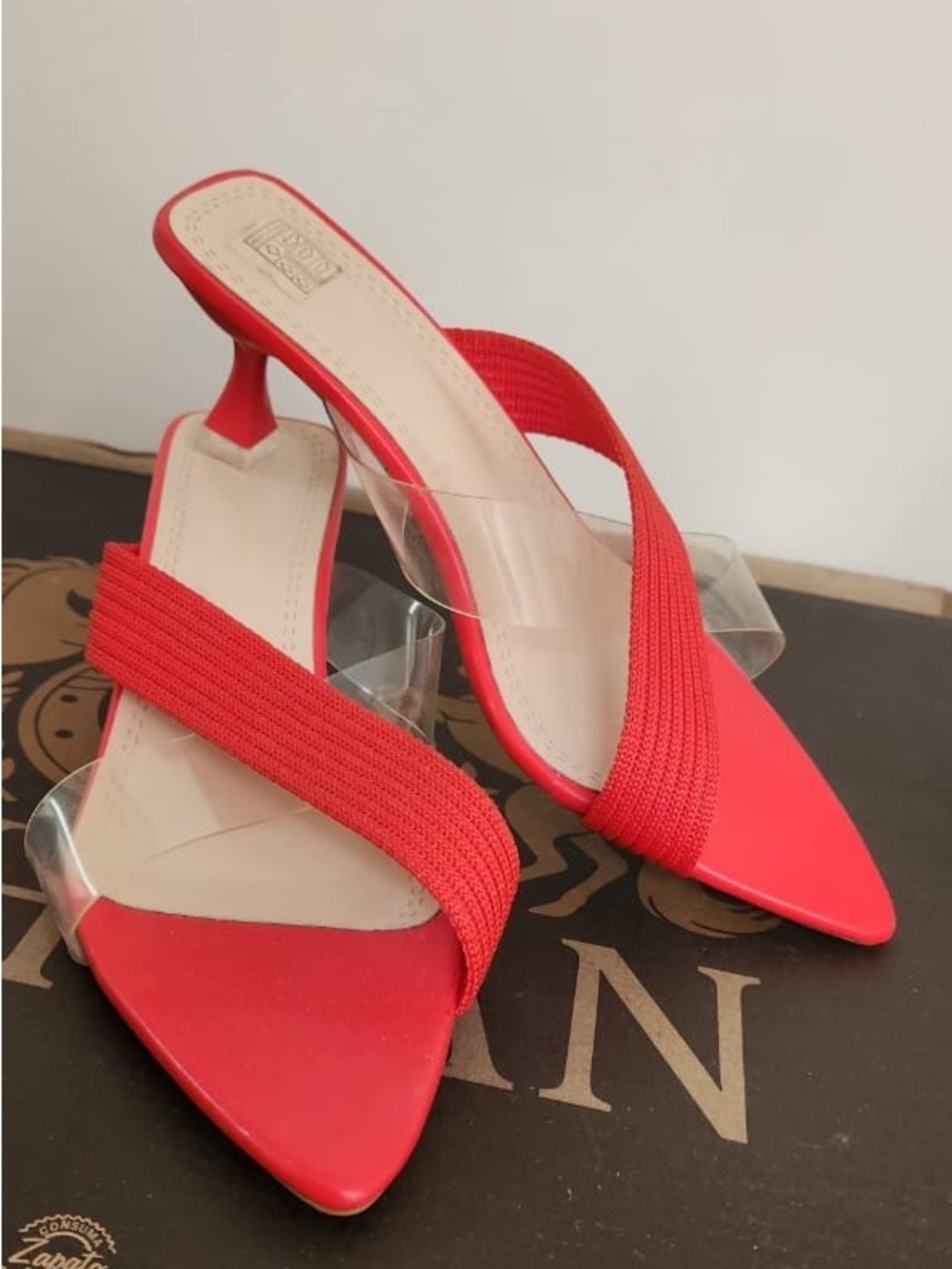 Red Pointed Toe Slip-On Heels with Clear Strap